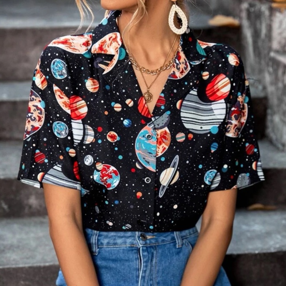 Space Patterned Button Down - Black Short Sleeve - image 2